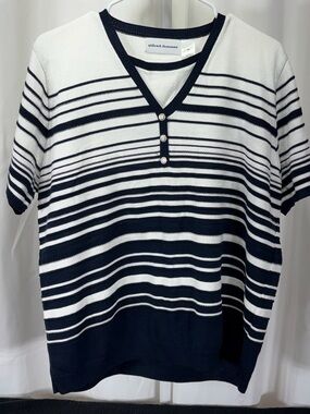 Alfred Dunner Navy and White Striped V-Neck Henley Polo 2160